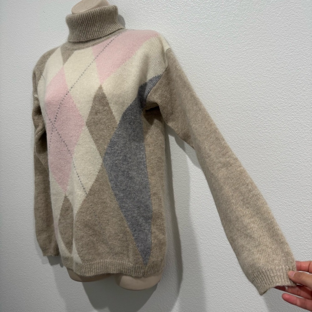 Vintage Lambswool Angora Blend Argyle Turtleneck Sweater S Funnel Neck - Picture 4 of 6